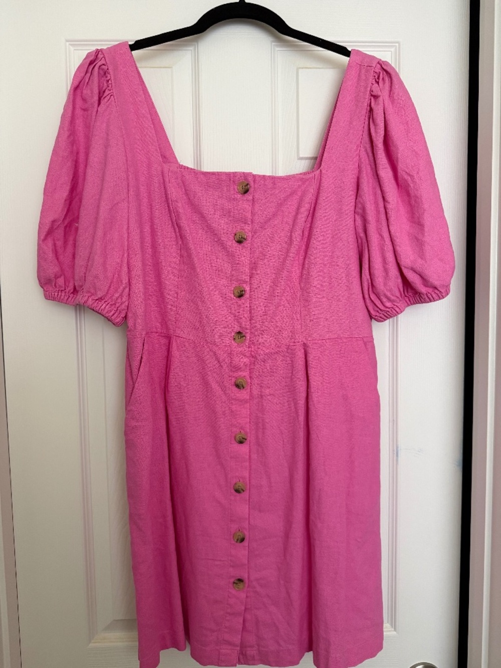 Old Navy Pink Linen Blend Puff Sleeve Mini Dress Smocked Back Size L NWT